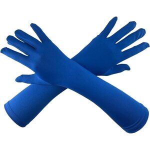 Women's Dark Blue Elbow Length Satin Long Gloves Design Cosplay Costume